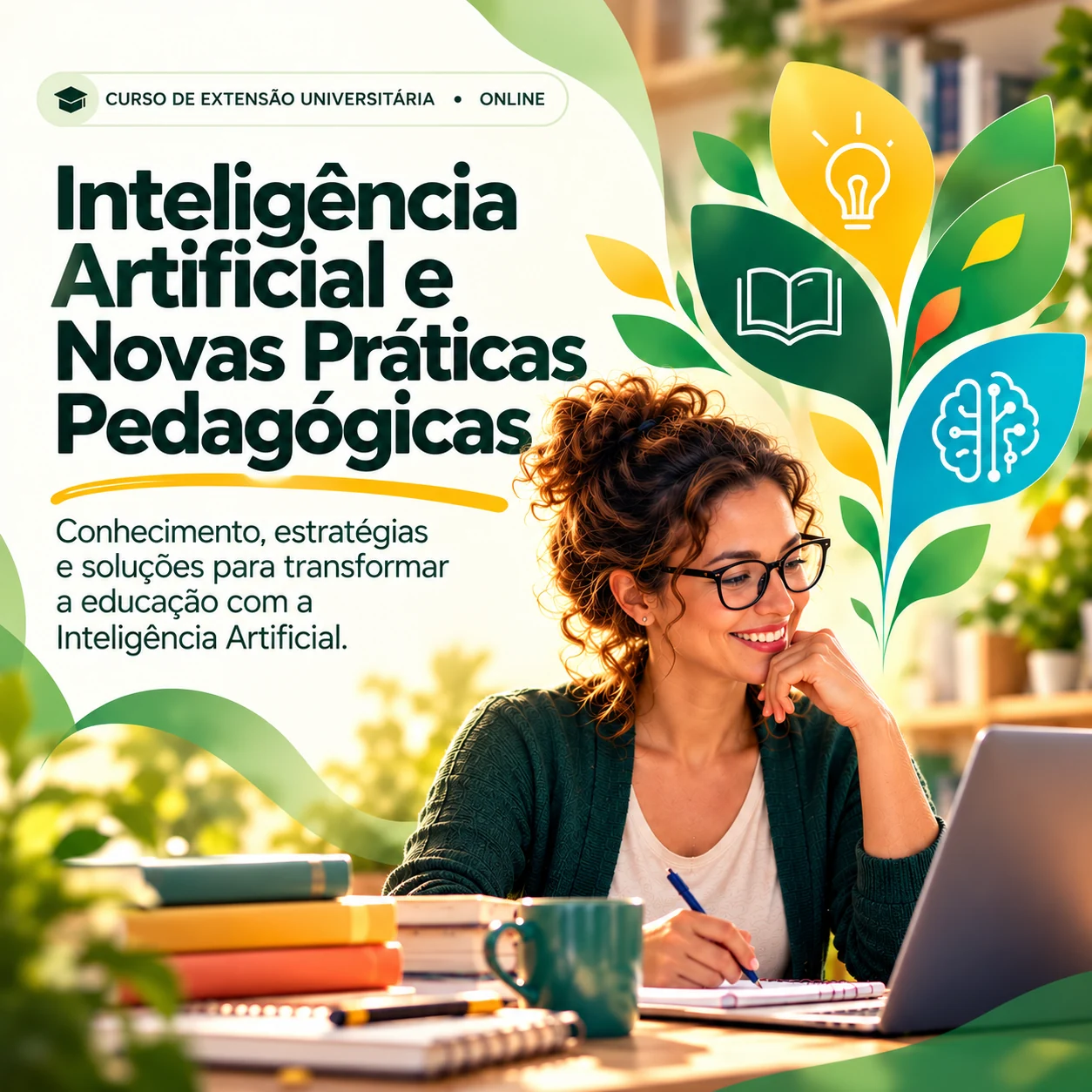 Inteligência Artificial e Novas Práticas Pedagógicas: educadora em ambiente de estudo com elementos gráficos da educação